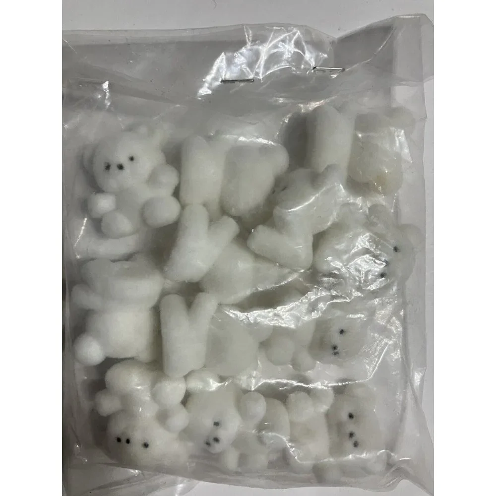 Vintage Set of 12 White Tiny Teddy Bears Flocked Plastic
